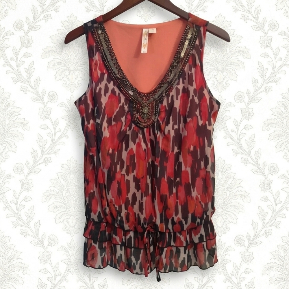 Adiva Red & Black Abstract Sleeveless Top with Beaded Neck